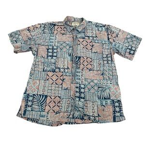 Men's Short Sleeve Patchwork Print Button-Up Shirt - Blue & Coral